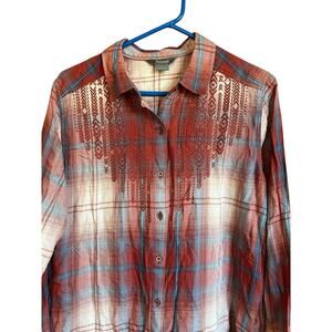 Natural Reflections plaid flannel rust/blue embroidered shirt, women's size M